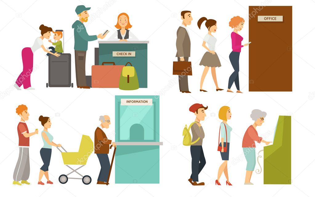 People in queue line vector cartoon icons. Family of man and woman with children standing in queue line to shop checkout counter, reception or ticket office and ATM teller machine