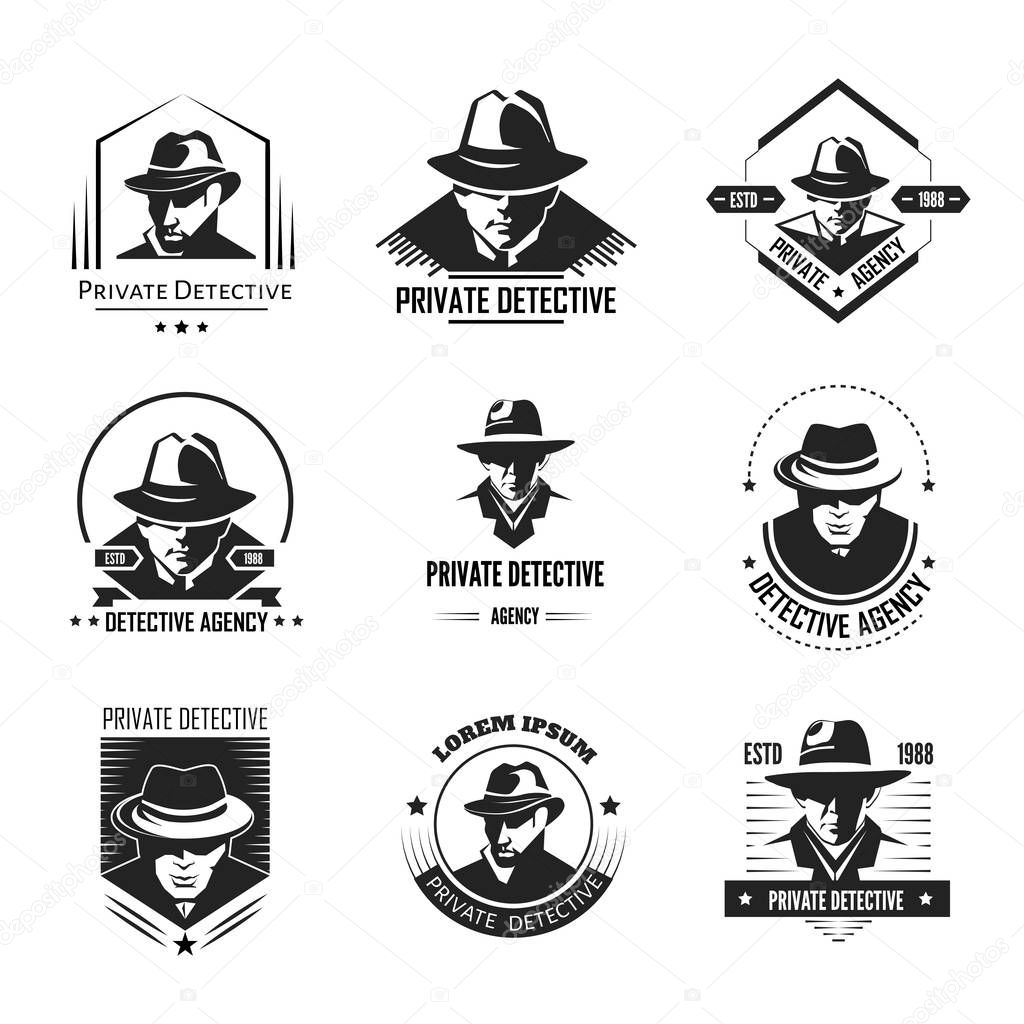 Private detective promotional monochrome emblems with man in hat and classic coat. Investigation service logo with special officer isolated cartoon flat vector illustrations set on white background.