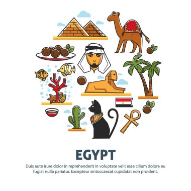 Mısır seyahat turizm poster Simgesel Yapı semboller ve ünlü kültür konumlar. Vektör Mısır bayrağı, Cairo pyramids, Arap adam ve deve veya Firavun Tutankhamen ve Sfenks çöl avuç içi