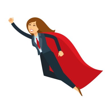 Süper kadın ya da süper kadın Ofis Yöneticisi vektör karikatür karakter simgesi. Dünyayı kurtarmak için izole iş kadın zam el ile uçan süper kahraman kostümü pelerin ve ofis takım