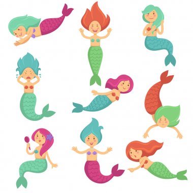 Deniz kızı karikatür komik sevimli karakterler. Küçük kız mermaid masal ağlıyor veya saç fırçalama ve şarkı veya sağa sola çocuk tasarım Yüzme, dizi izole vektör