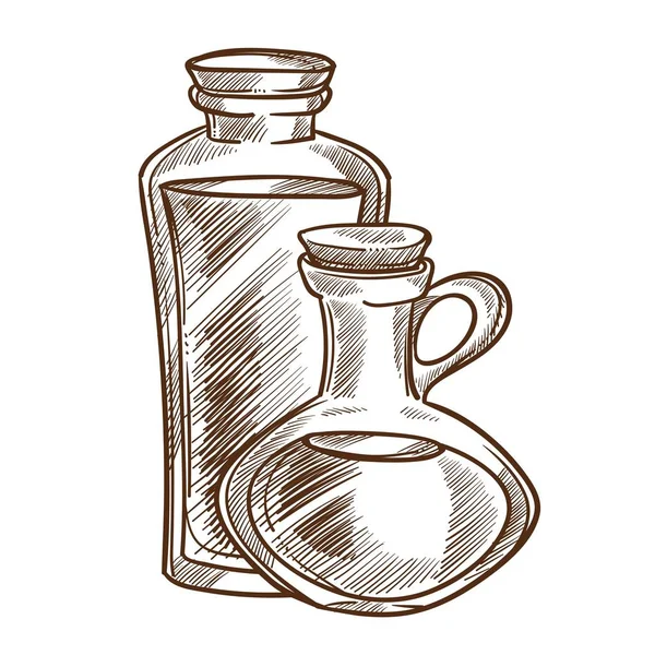 Healthy Olive Oil Small Glass Jugs Cork Monochrome Sketch Delicious — Stock Vector