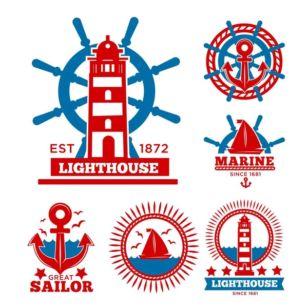 Modelli Logo Marino Nautico Simboli Araldici Icone Vettoriali Isolate Ancora — Vettoriale Stock