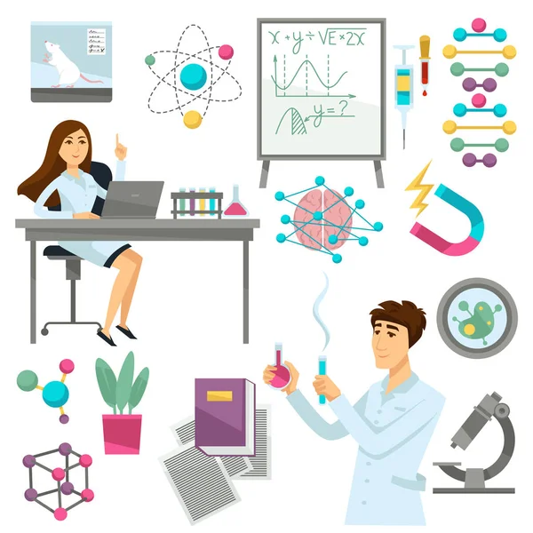 Iconos Científicos Científicos Conjunto Aislado Vectorial Investigación Genética Experimento Con — Archivo Imágenes Vectoriales