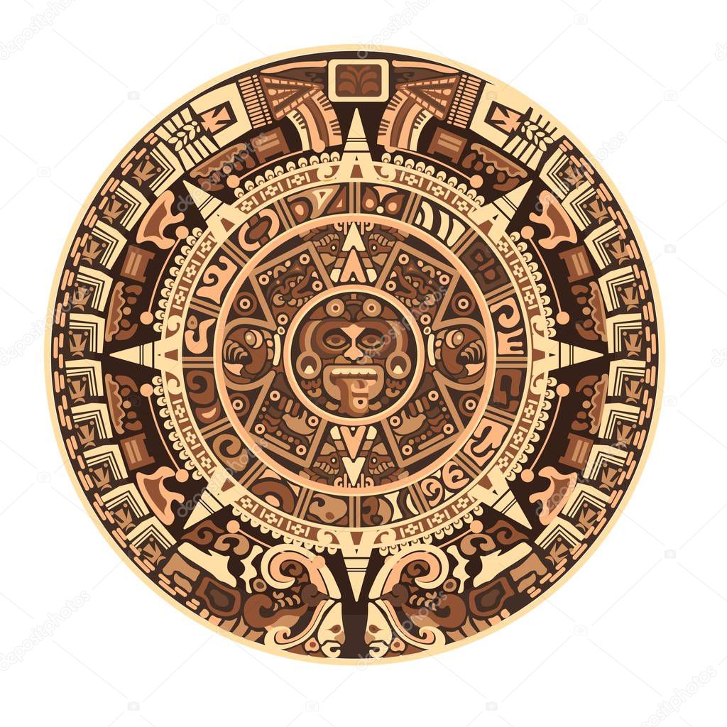 Maya calendar of Mayan or Aztec hieroglyph signs and symbols. Vector isolated round circle Maya calendar design