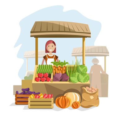 Taze organik sebze ve kadın satıcı ile sokak ahşap sayaç. Lezzetli doğal ürünler market ve kadın Dostu ile Beyaz önlük izole karikatür düz vektör çizim gülümse.