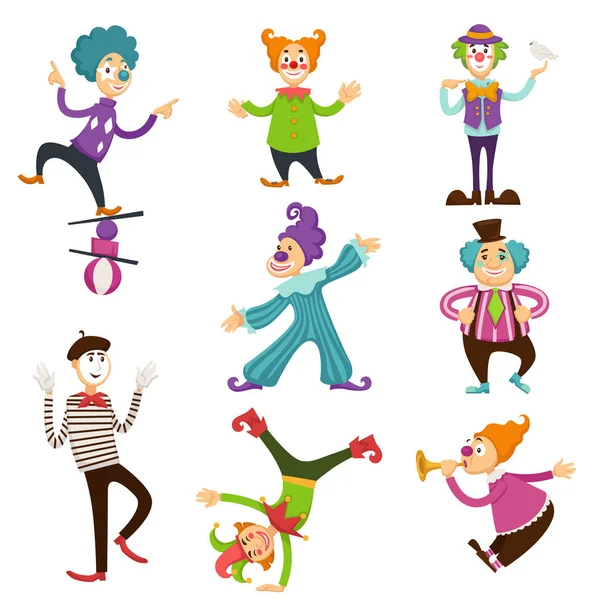 Clowns Circus Making Tricks Cartoon Characters Vector Isolated Icons Set — Stock Vector