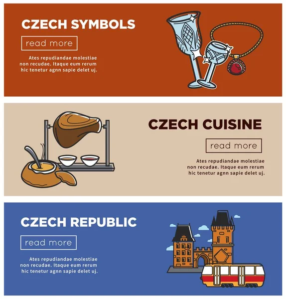 Tsjechië vector banners van sightseeing symbolen en Praag reis attractie pictogrammen — Stockvector