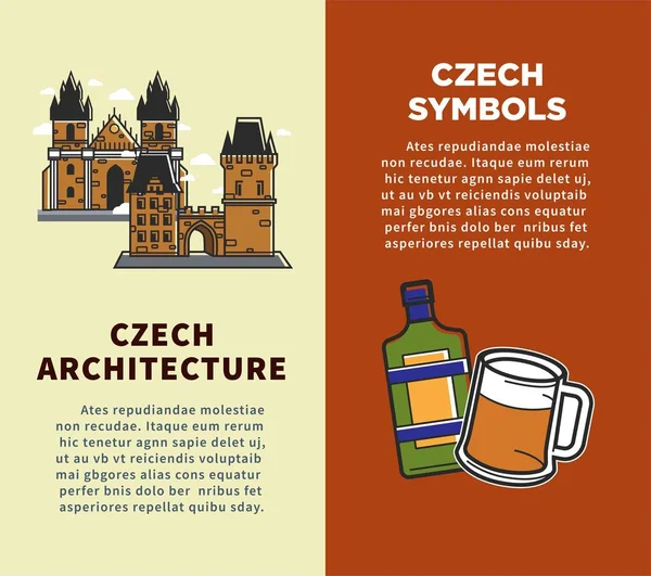 Repubblica Ceca manifesti vettoriali di simboli turistici e Praga icone di attrazione turistica — Vettoriale Stock