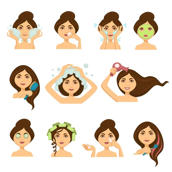Frauen Hautpflege Und Haarwäsche Vektor Frau Gesicht Symbole Vektor Isolierte — Stockvektor