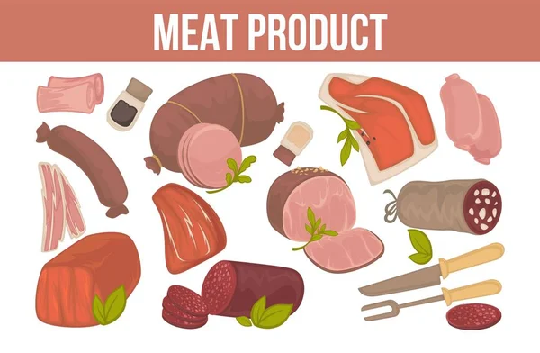 Vlees Product Promotie Banner Met Verse Dierlijke Voedsel Smakelijke Worst — Stockvector