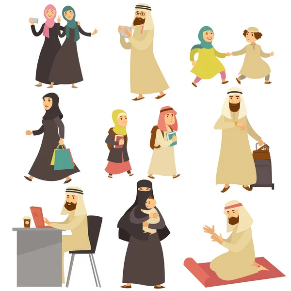 Uomini Donne Musulmani Nella Vita Tutti Giorni Insieme Bambini Vanno — Vettoriale Stock