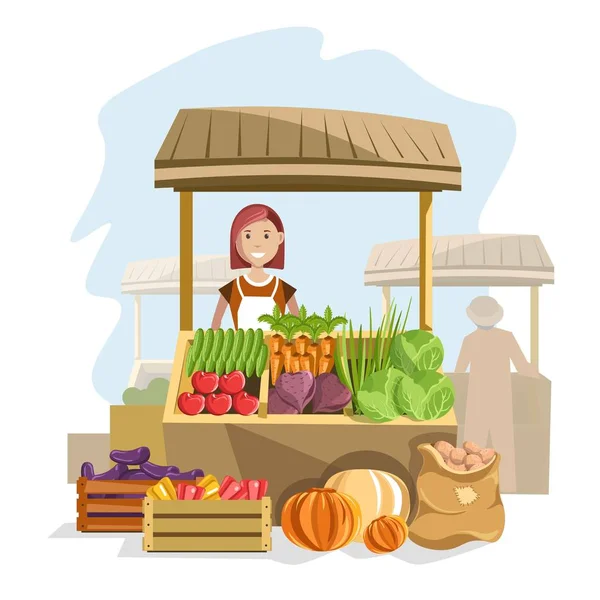 新鮮な有機野菜と女性の売り手の通り木製のカウンター 市場とのある白いエプロンの女性でおいしい天然笑顔分離漫画フラット ベクトル図 — ストックベクタ