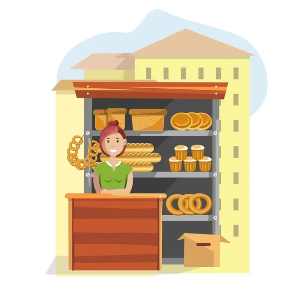 Bakery Products Street Wooden Counter Female Seller Delicious Fresh Bread — Stock Vector