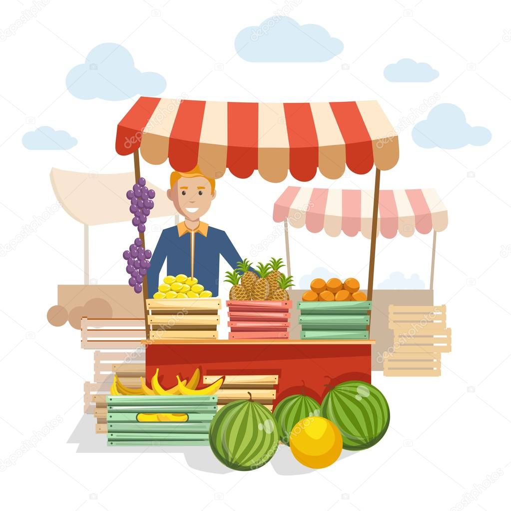 Wooden counter with delicious fruit and berries at market. friendly man sells organic products grown at farm in boxes under tent isolated cartoon flat vector illustration on white background.