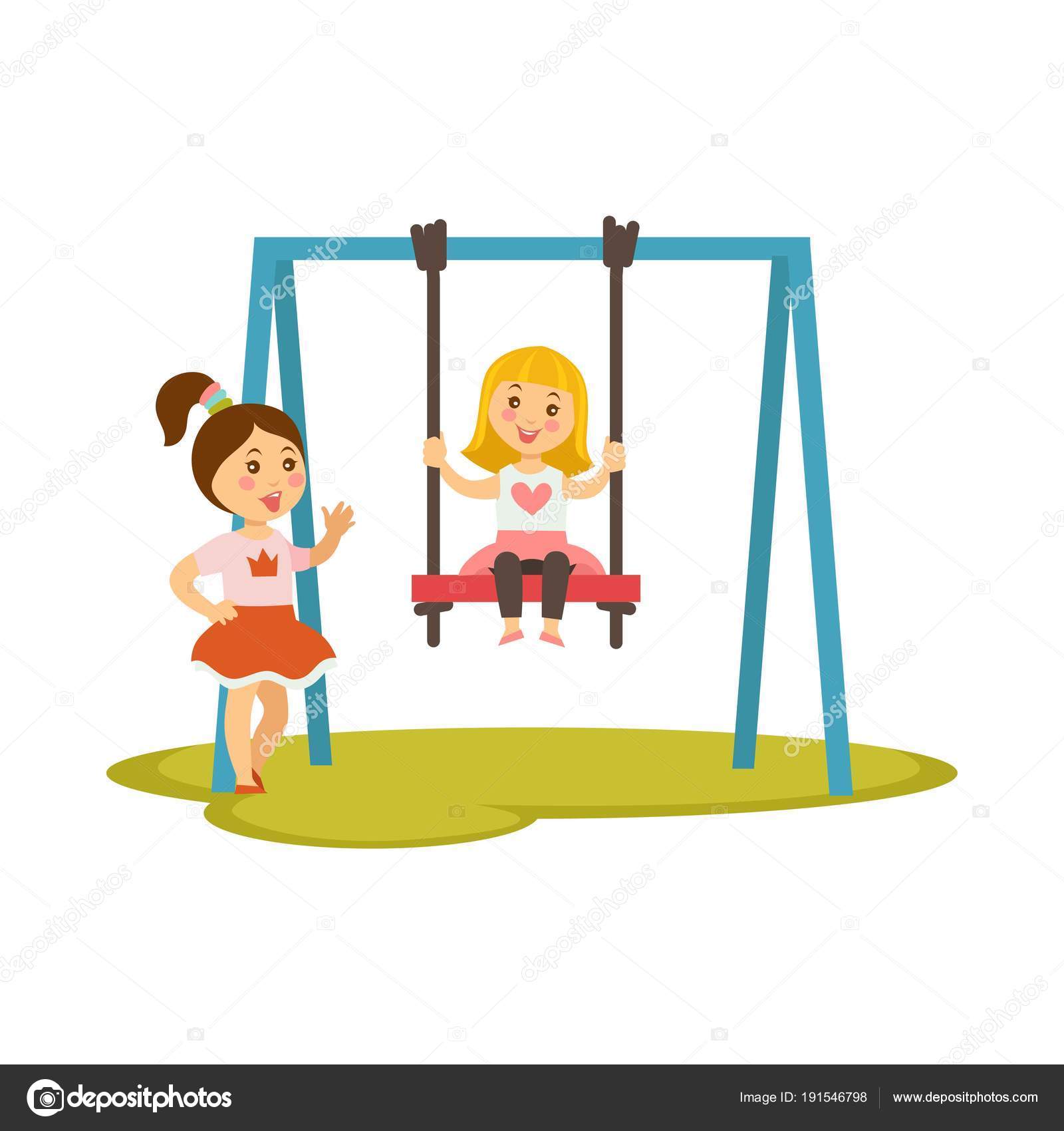 Dibujos Niños Jugando En Columpios Niñas Vector