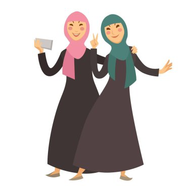 Arap kadınları selfie smartphone yapma. Modern Suudi Arabistanlı kadın Arap Müslüman geleneksel Ulusal giysiler, Türban ve khaliji izole karikatür karakterleri vektör