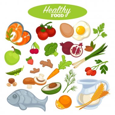 Sağlıklı gıda poster veya doğal organik sebze, meyve veya balık. Sağlık yaşam tarzı vegan vtiamin beslenme ve sağlıklı gıda beslenme ve yeme vejetaryen için vektör tasarımı