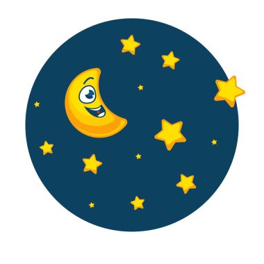 Karanlık gece gökyüzü parlak altın yıldız ve komik yüzü var genç moon ile dolu. Hilal büyük göz ve beyaz arka plan üzerinde daire izole karikatür düz vektör çizim içinde açık ağzı ile.