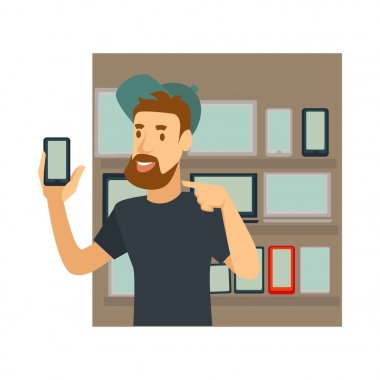 Blogger veya bazen adam akıllı telefon veya telefon akıllı teknoloji incelemesi veya sosyal ağı için öğretici Fotoğraf blog veya video vlog çekim. Vektör çizgi film blogger veya bazen izole kavramı karakteri