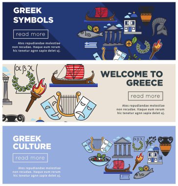 Yunanistan seyahat web afiş turizm ajansı için Yunan ünlü gezi yerlerinden ve konumlar simgeler. Yunan bayrağı, Atina Pantheon Akropol, Tiyatro maskeleri ve yelkenli vektör tasarımı