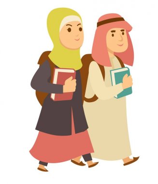 Arap Müslüman çocuklar okul kitapları ile olacak. Çizgi film Suudi Arabistanlı erkek ve kız modern karakterleri Arap Müslüman geleneksel Ulusal giysiler içinde izole vektör