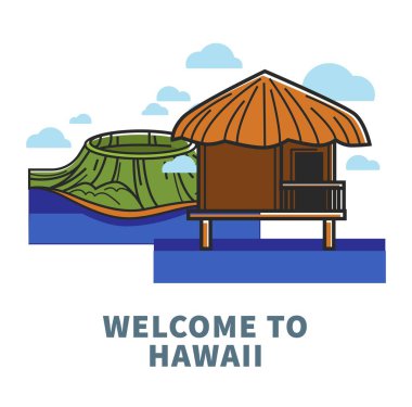 Hawaii posteri vahşi doğa ve küçük bungalow ile hoş geldiniz. Saman çatı ve yeşil dağ deniz izole karikatür düz vektör çizim beyaz arka plan üzerinde yakınındaki bir ahşap ev.