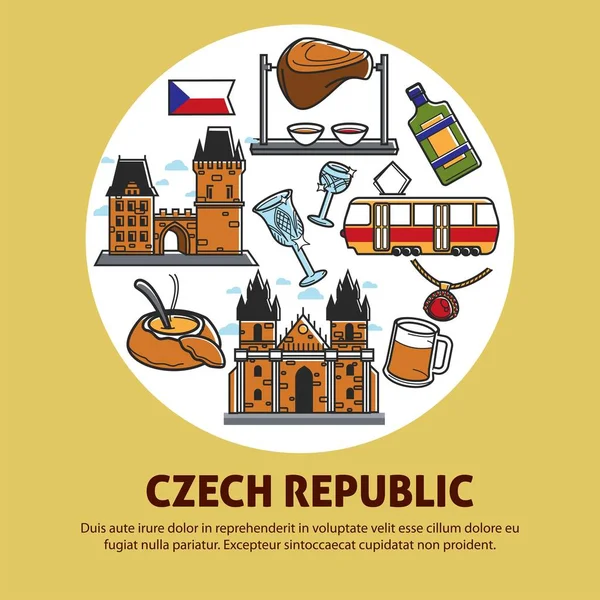 Çek Cumhuriyeti otantik kültür promosyon afiş için seyahat acentası. Gotik binalar, lezzetli yemekleri, yerel ulaşım ve alkollü içecekler yüksek kalitede düz vektör çizim karikatür.