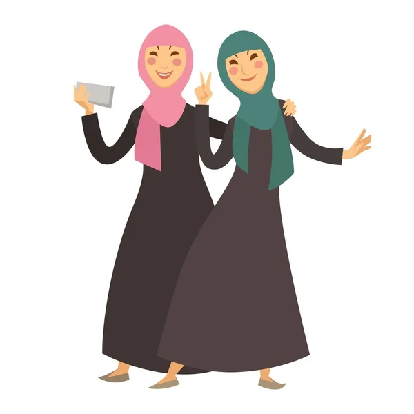 Wanita Arab Membuat Selfie Smartphone Vektor Karakter Kartun Terisolasi Dari - Stok Vektor