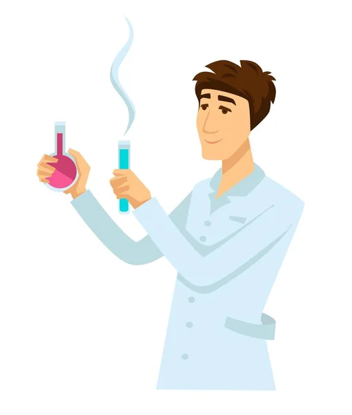 Chemist Work Robe Two Flasks Full Reagents Scientist Uniform Conducts — Stock Vector