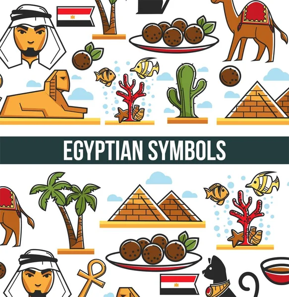 Simboli Egiziani Promo Poster Con Architettura Tradizionale Natura Grandi Piramidi — Vettoriale Stock