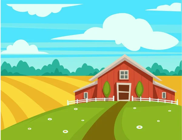 Hububat Yem Ahır Ile Çiftlik Evi Vektör Karikatür Düz Tasarımı — Stok Vektör