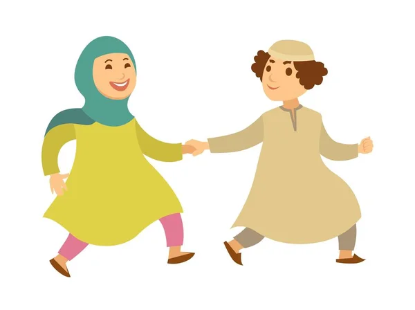 書籍と学校に行くアラブ イスラム教徒の子供たち ベクトル分離漫画サウジアラビア少年と少女現代のキャラクター アラブ イスラム教徒の伝統的な国立洋服 — ストックベクタ