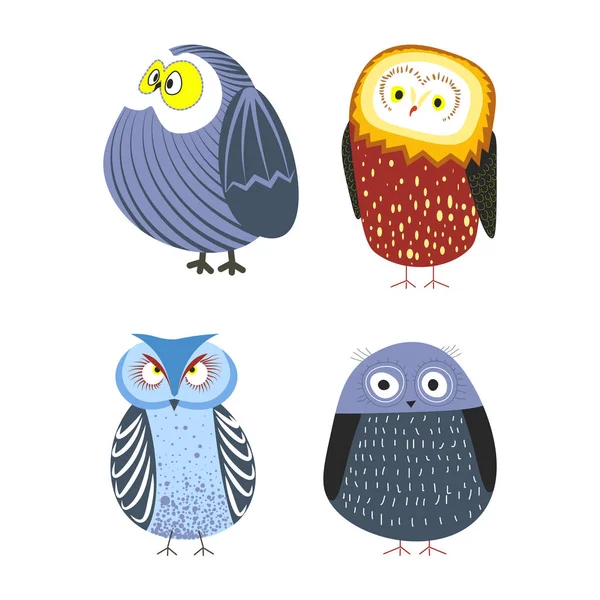 Owls Cartoon Kid Funny Characters Feather Ornament Vector Isolated Flat — Stock Vector
