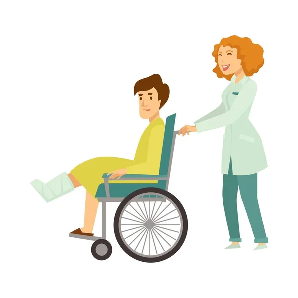Enfermeira Ajudando Paciente Cadeira Rodas Com Perna Quebrada Traumatologista Assistente — Vetor de Stock
