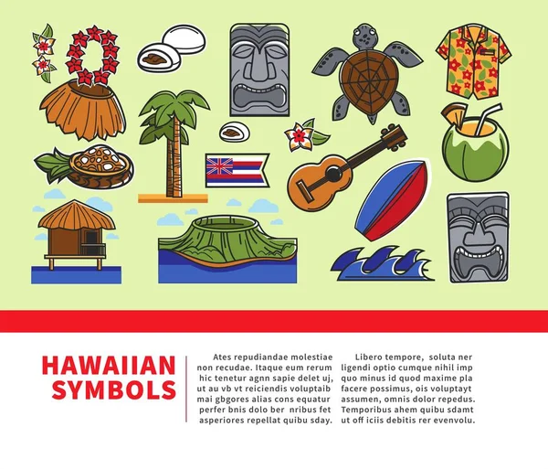 Χαβάη Διάσημα Σύμβολα Και Τουριστικά Αξιοθέατα Έλξης Ορόσημα Εικονίδια Για — Διανυσματικό Αρχείο