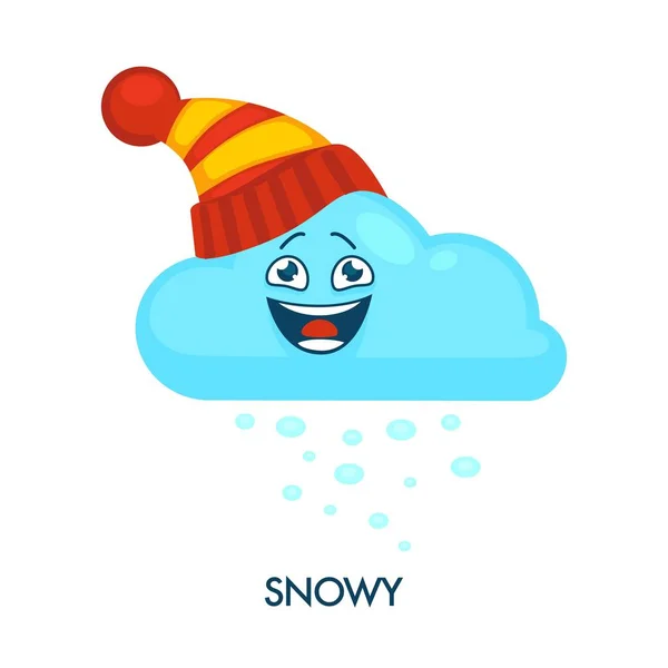 ストライプ ニット帽子で幸せの雲と雪の天気記号です 小さな雪片が落ちる 白い背景の上の分離された陽気な顔漫画フラット ベクトル図との冬の降水量 — ストックベクタ
