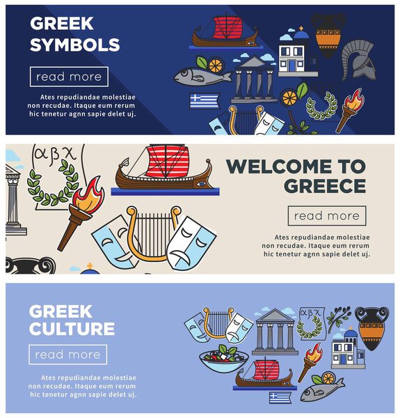 Greece travel web banners of Greek famous sightseeing landmarks and attractions icons for tourism agency. Vector design of Greece flag, Athens Pantheon acropolis, theater masks and sailboat