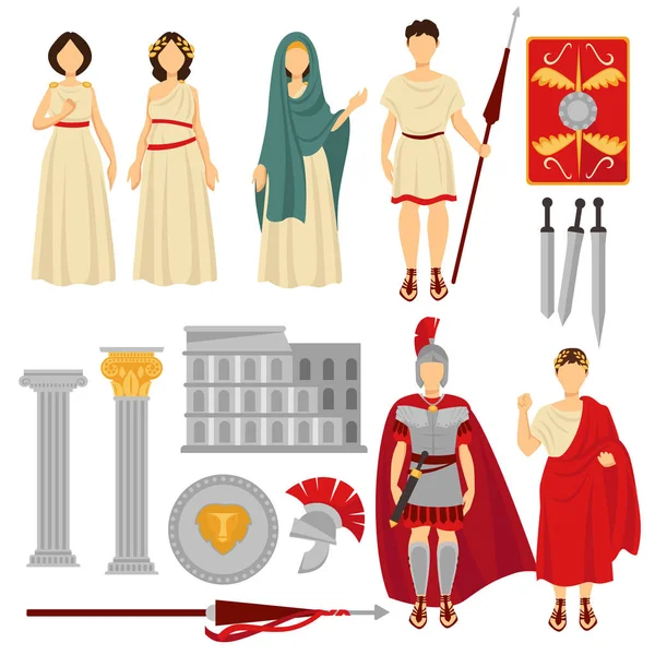 Roma Antiga Personagens Masculinos Femininos Antigas Relíquias Pessoas Com Roupas — Vetor de Stock