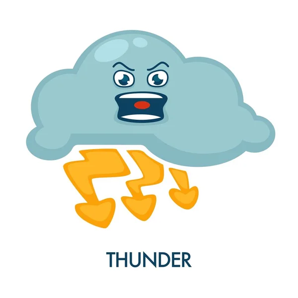 怒っている雨の雲と光沢のある雷雷のシンボル 強い降水分離狂った表情漫画のベクトル図は 白い背景と天気予報アイコン — ストックベクタ