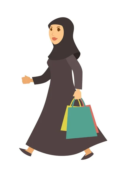 Mujer Árabe Con Bolsas Compras Personaje Dibujos Animados Aislado Vectorial — Vector de stock