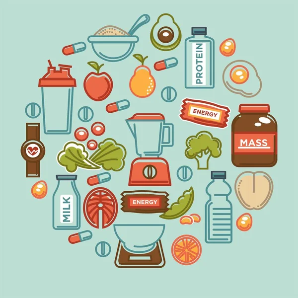 Aptitud Cartel Alimentos Deportes Dieta Saludable Alimentos Iconos Nutrición Diseño — Vector de stock