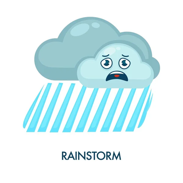 イライラした表情と激しい雨で暗い雲と暴風雨のシンボル 天気予報と顔をしている降水分離白地漫画フラット ベクトル図 — ストックベクタ