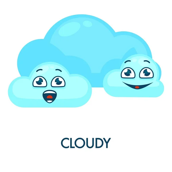顔があるブルーの柔らかい幸せな雲と曇りの天気記号です 白い背景の上分離された愛らしい興奮して表情漫画フラット ベクトル図と気象予測記号 — ストックベクタ