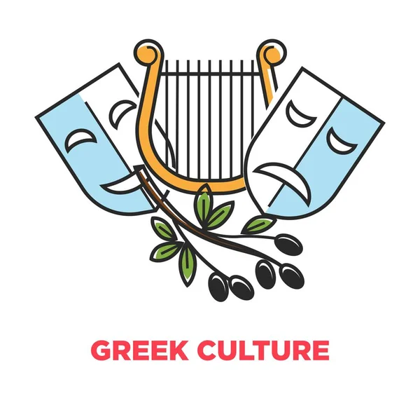 Poster Promo Cultura Grega Com Símbolos Teatrais Antigos Azeitonas Ramo — Vetor de Stock