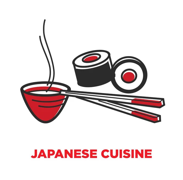 Cartel Promocional Cocina Japonesa Con Sushi Sopa Caliente Tazón Pequeño — Vector de stock