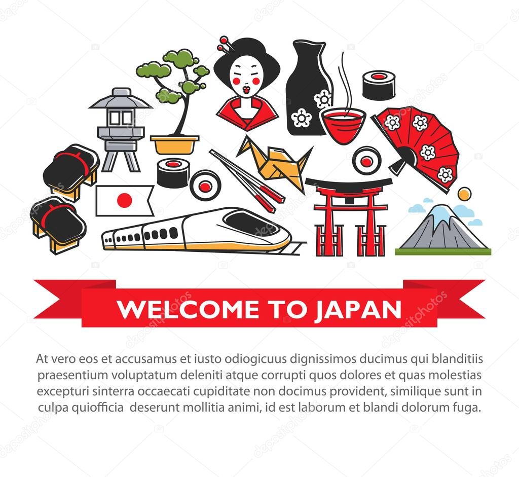 Welcome to Japan travel poster of Japanese famous landmark symbols and culture tourist attraction sightseeings. Vector Japanese flag, Mount Fuji and geisha woman kimono, sushi food chopstick
