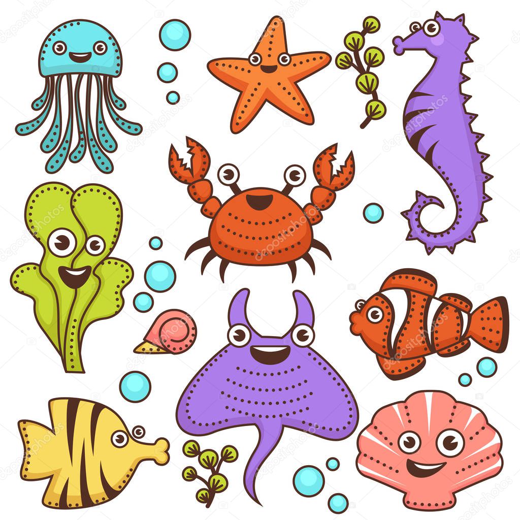 Funny marine inhabitants with friendly faces. Blue jellyfish, small starfish, surprised seahorse, cheerful crab, green seaweed, bright fishes, big stingray and pink seashell vector illustrations.
