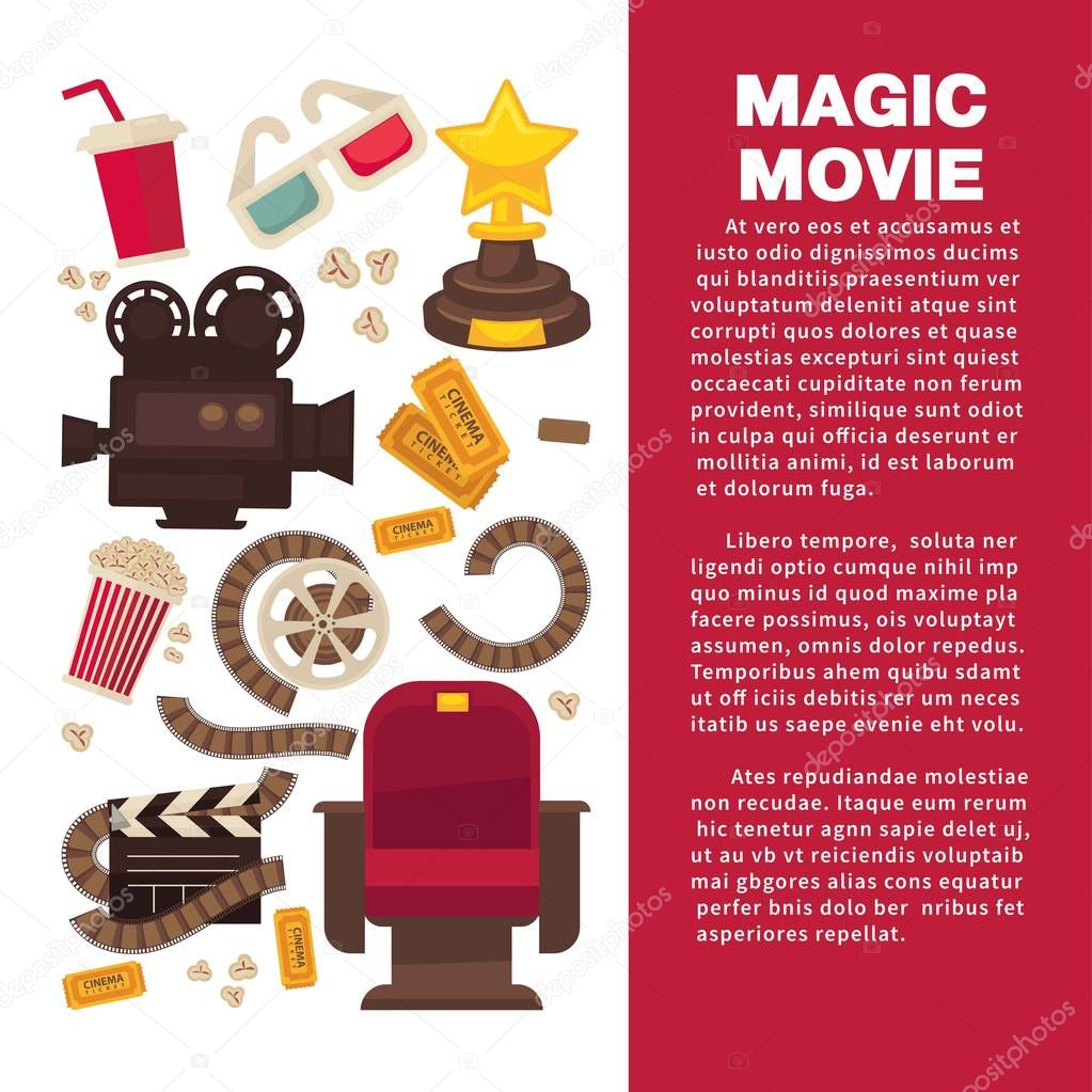 Cinema advertisement banner with symbolic cinematographic equipment, gold award and snack for seans inside circle isolated cartoon flat vector illustration.