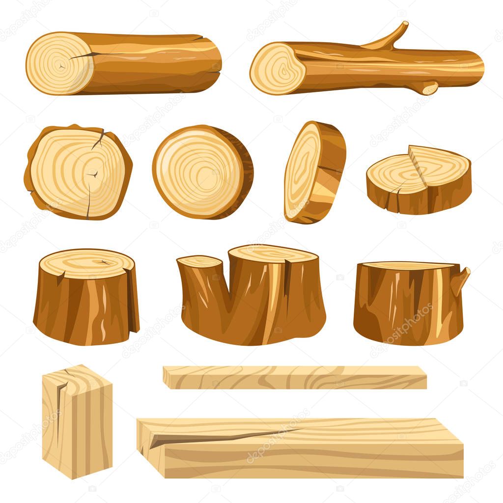 Long logs, polished planks and short stumps set. Natural wood for building and fuel. Timber of high quality. Solid lumber pieces isolated cartoon flat vector illustration on white background.